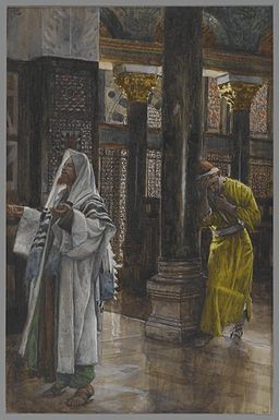Pintura de un fariseo orando, con las manos abiertos y los brazos extendidos, atrás, un publicano orando, en actitud de arrepentimiento.